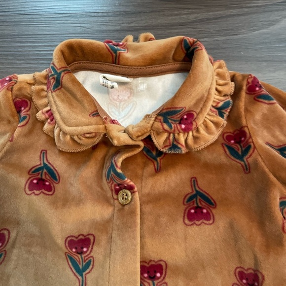 Snug Brown Velour red tulip print Kids Footie with matching Bow Headband -6/9M - Picture 5 of 8